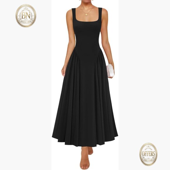 Sleeveless Square Neck Maxi Dress 92% Viscose 8% Elastane A-Line Flowy